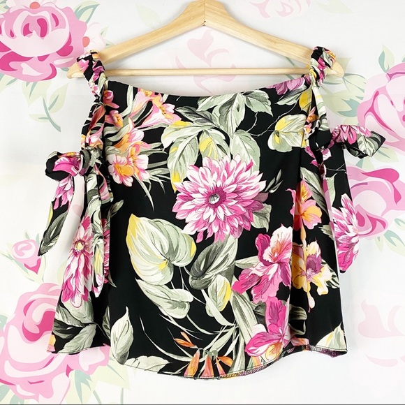 TOPSHOP Tropical Floral Off Shoulder Tie Blouse 6 - Picture 1 of 9